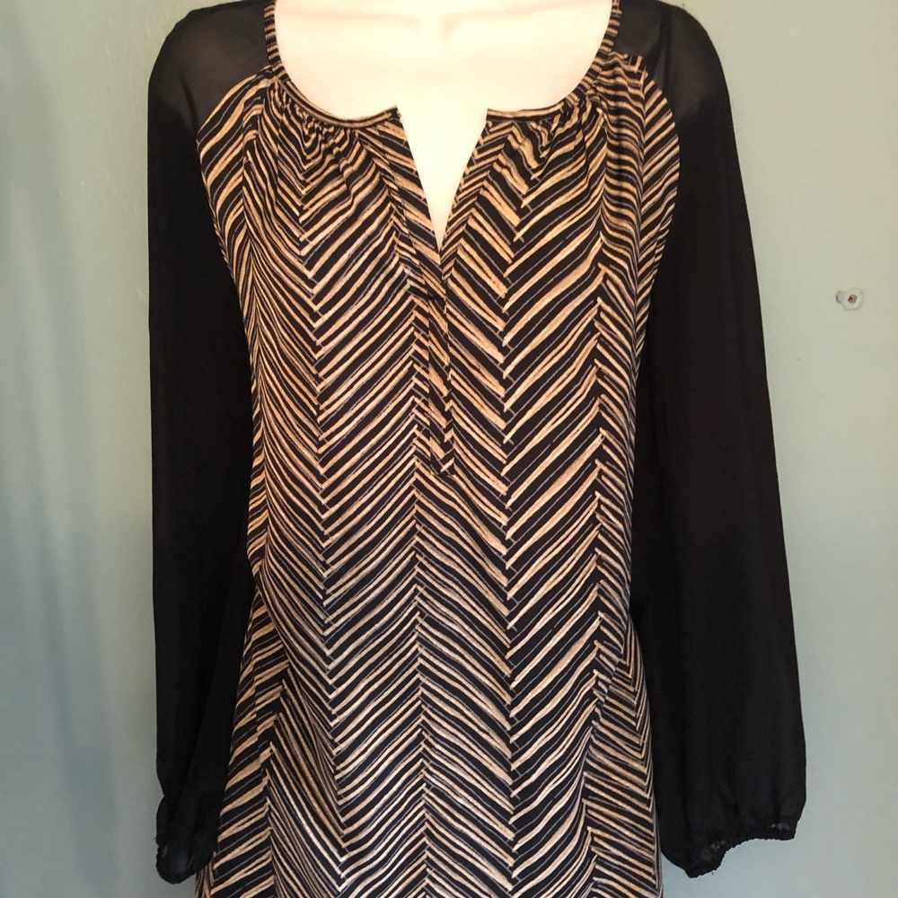 Ann Taylor, Long, Blk/Beige Striped Blouse, Sz M
